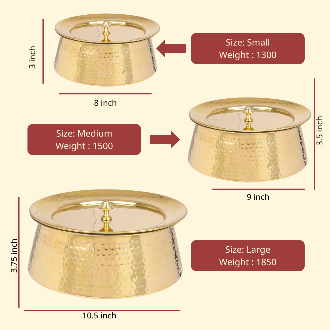Brass handi size chart displaying three hammered tin-coated brass cooking pots
with measurements for traditional brass cookware buyers.