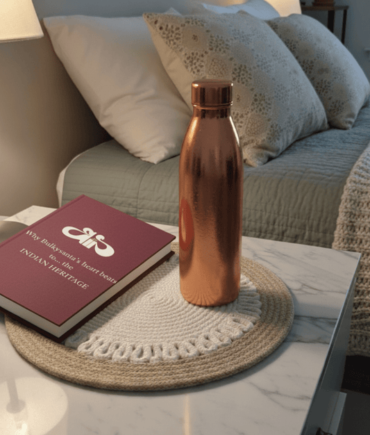 Beige mat used beside a bed with a bottle and book arranged neatly for washable
round placemats.