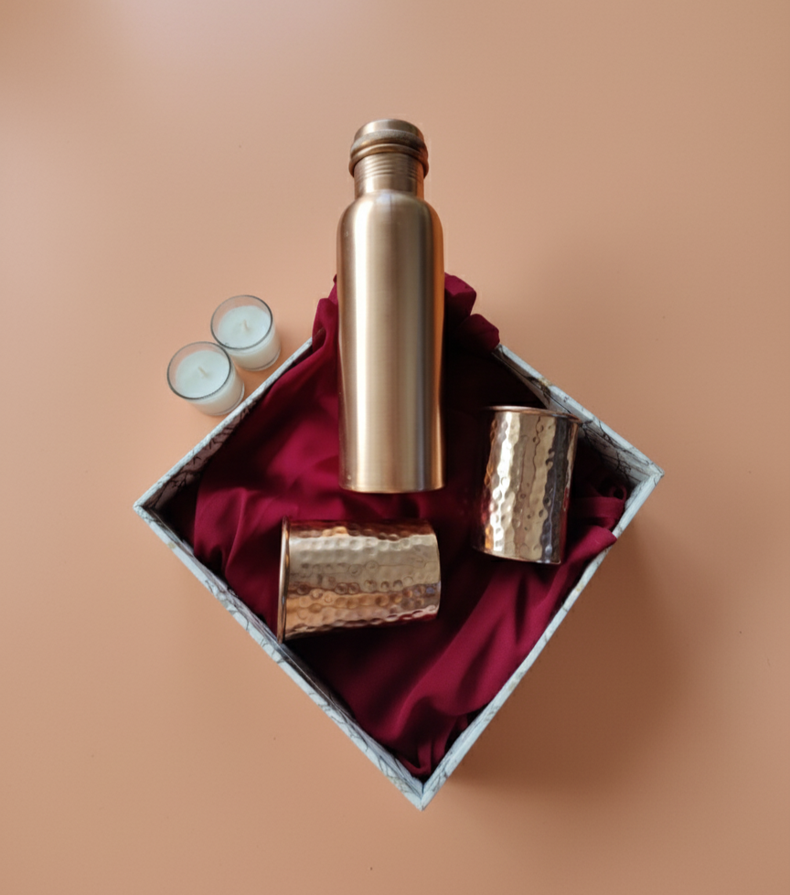 copper bottle and glass gift set