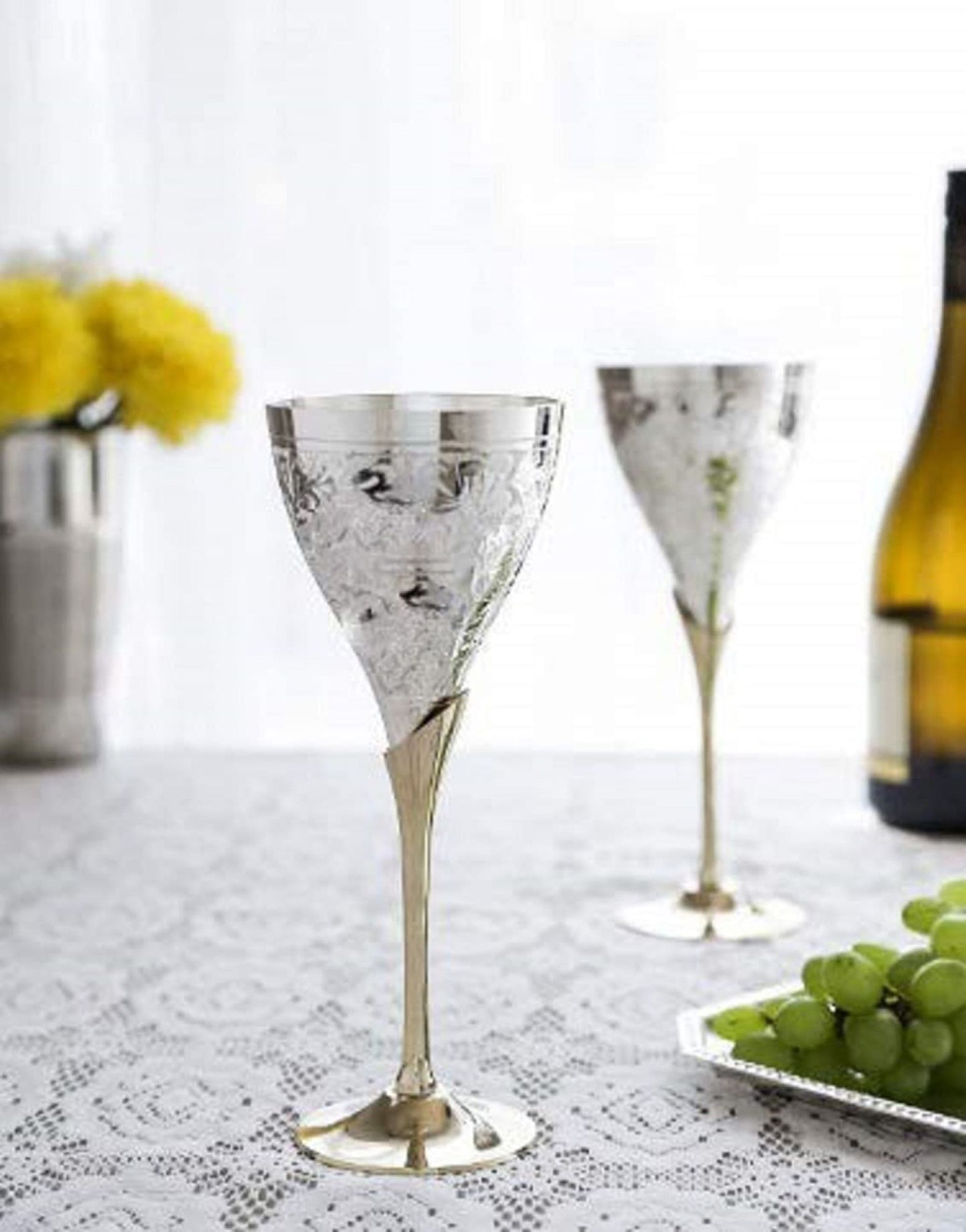 Brass wine glasses beautifully engraved with silver finish by Bulky Santa