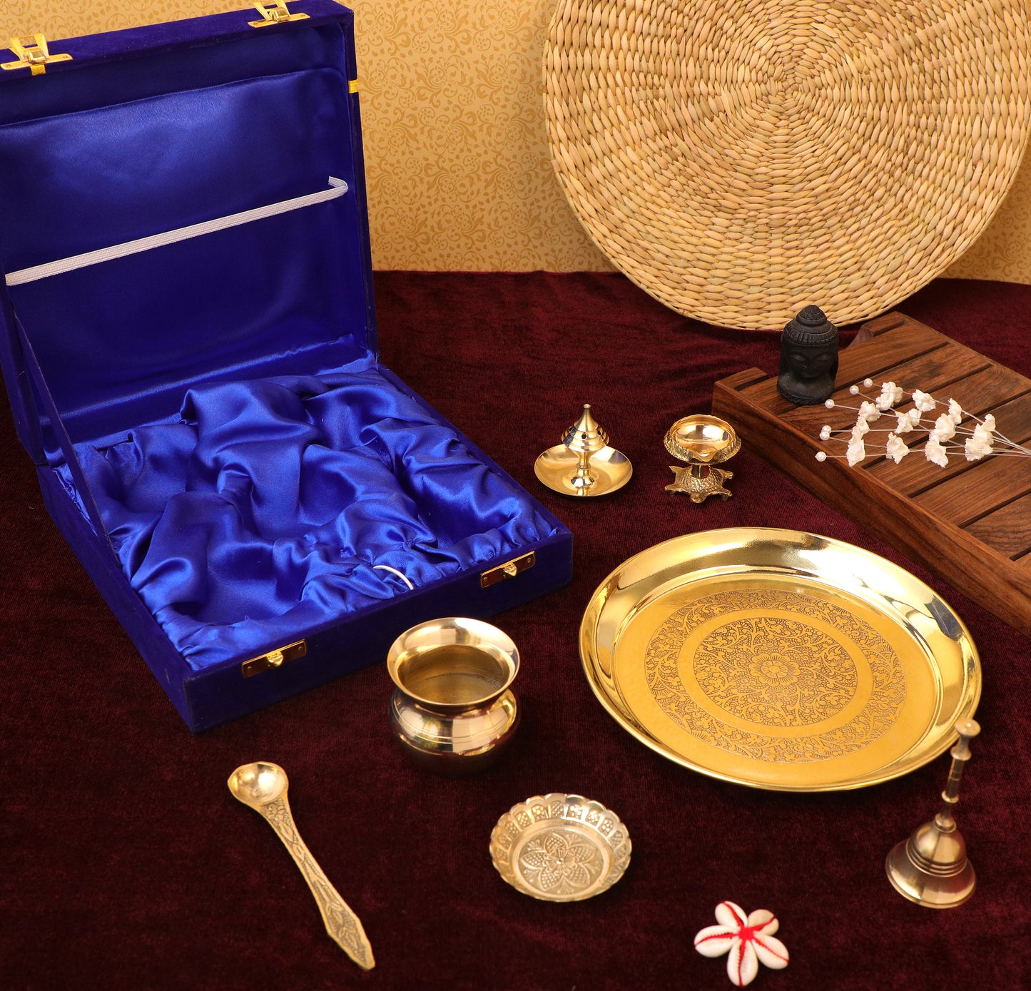 brass puja thali set with box