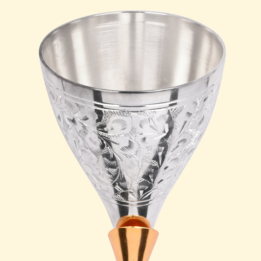 Silver finish wine glass pair with brass base, traditional metal wine glasses aesthetic.