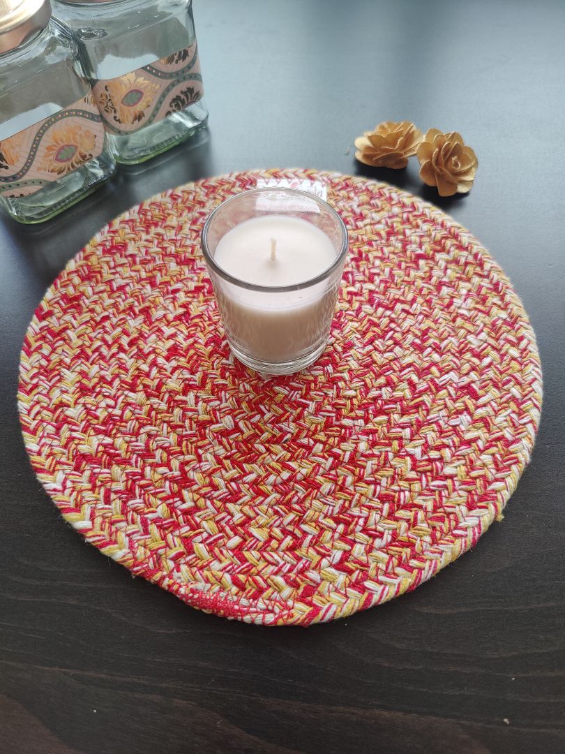 Handcrafted multicolor cotton placemat displayed on a dark wood table with. DURABLE HANDMADE COTTON: Stop worrying about damage from hot dishes or spills. These dining table mats cotton are handmade from heavy, ribbed cotton to shield your furniture from heat, scratches, and stains, giving you complete peace of mind during meals.
dinnerware.