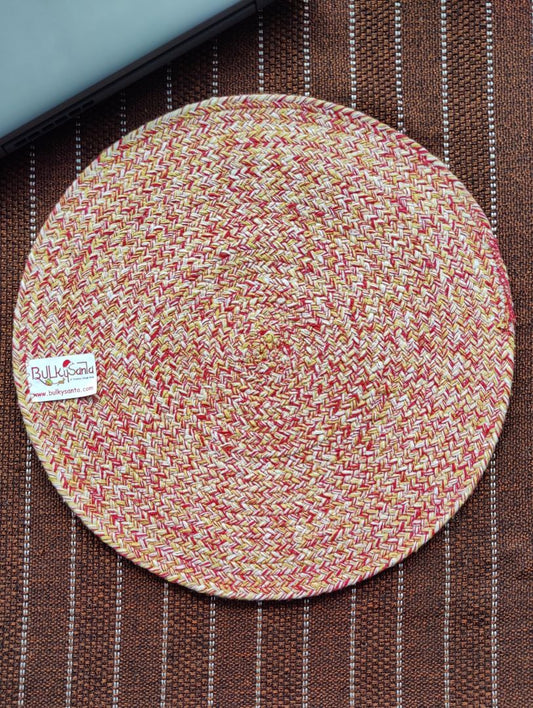 Handwoven multicolor round placemat shown from a close angle highlighting the
braided texture. Eco-Friendly & Non-Fading :- Crafted from biodegradable materials, these placemats are environmentally safe and contribute to a sustainable lifestyle. Their natural colors stay vibrant even after frequent cleaning, ensuring they remain a beautiful, long-lasting addition to your home without harming the environment.