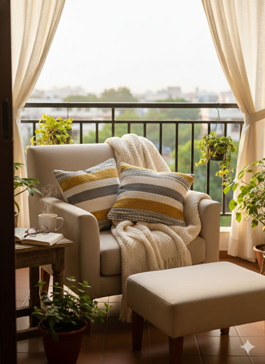Beige and yellow striped premium cotton cushion covers arranged on an armchair by a window.