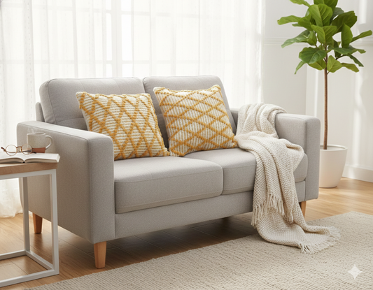 Two mustard yellow geometric premium cotton cushion covers placed on a grey sofa.
