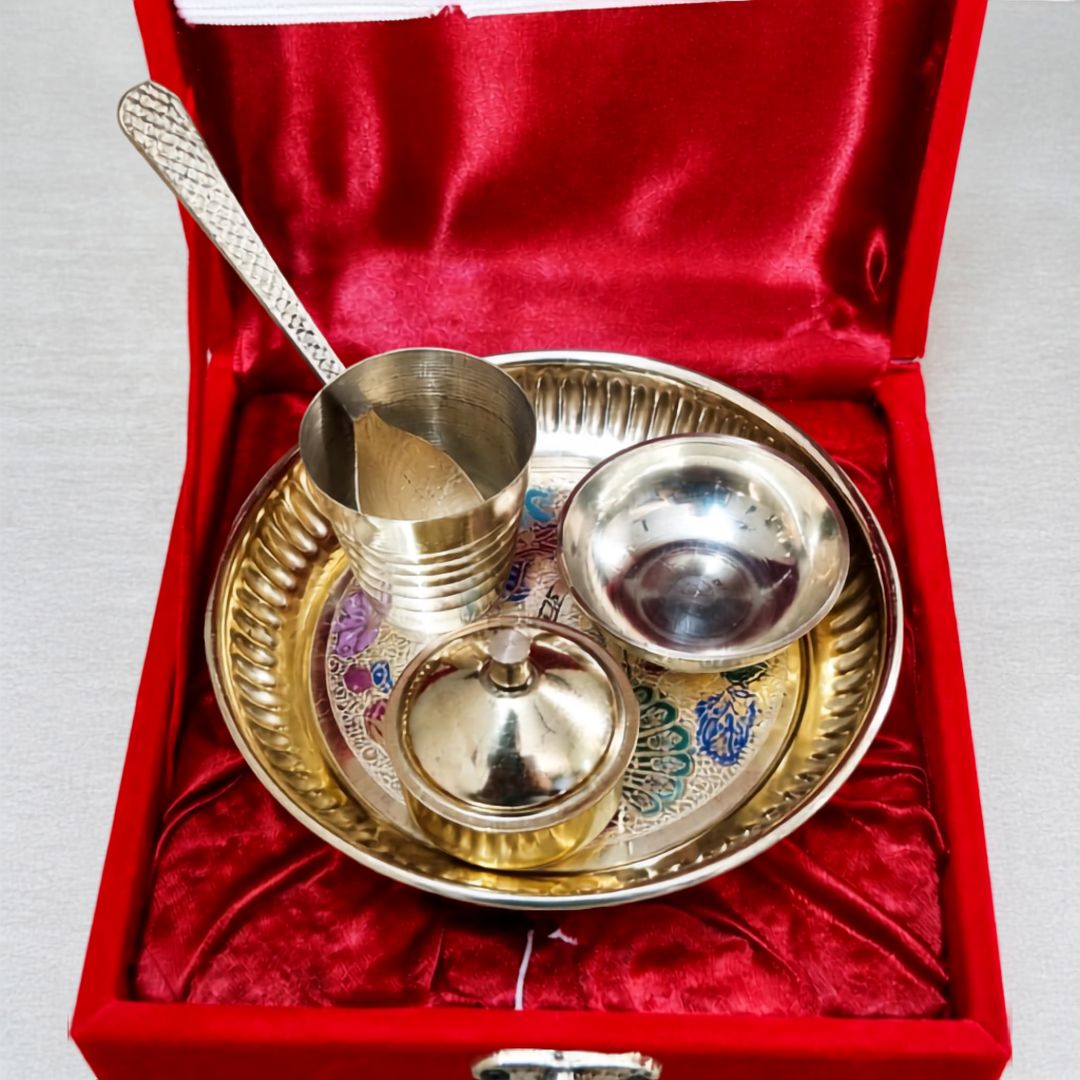 Pooja-/Puja-Thali-Set aus Messing mit Geschenkbox – Ideal für Bhog und als religiöses Geschenk