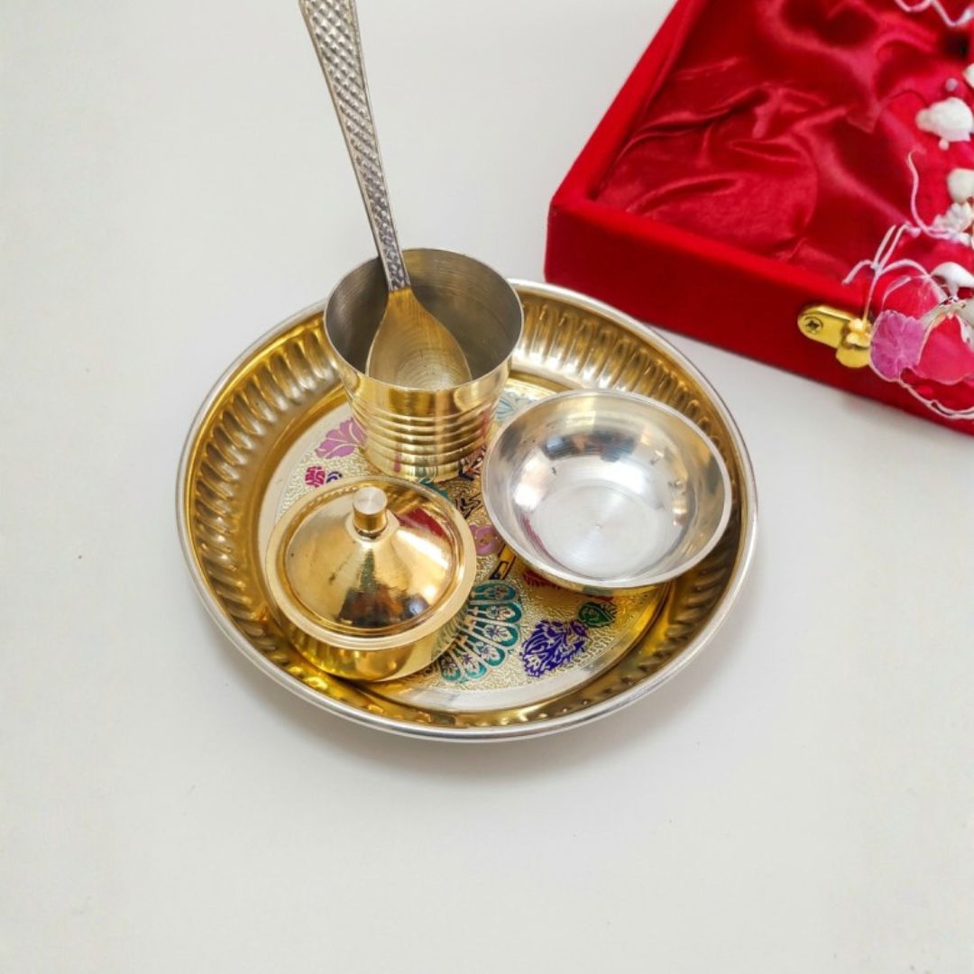 Pooja-/Puja-Thali-Set aus Messing mit Geschenkbox – Ideal für Bhog und als religiöses Geschenk