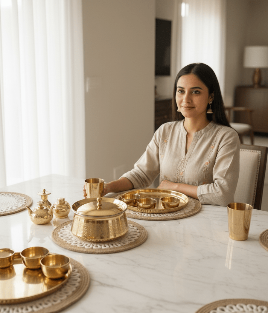 Woman sitting at a table with gold decorative items in a well-lit room keeping her brass utensils and cotton mats on table. Using them in a complete harmony. 