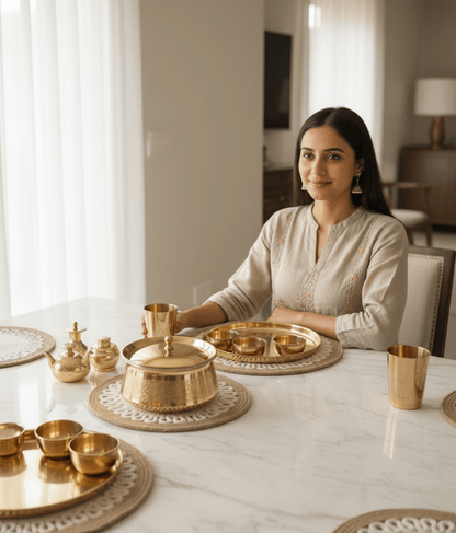 Woman sitting at a table with gold decorative items in a well-lit room keeping her brass utensils and cotton mats on table. Using them in a complete harmony. 
