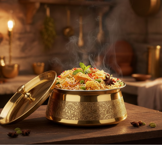 Brass Etching Design Brass Handi, Degchi, Patila (Pital ki handi, Pital ka Patila, Pital ke bartan) filled with hot, steaming vegetable biryani, garnished with mint. The pot, featuring an elaborate floral etched pattern, sits on a wooden table with its matching lid resting beside it, set against a rustic kitchen backdrop.