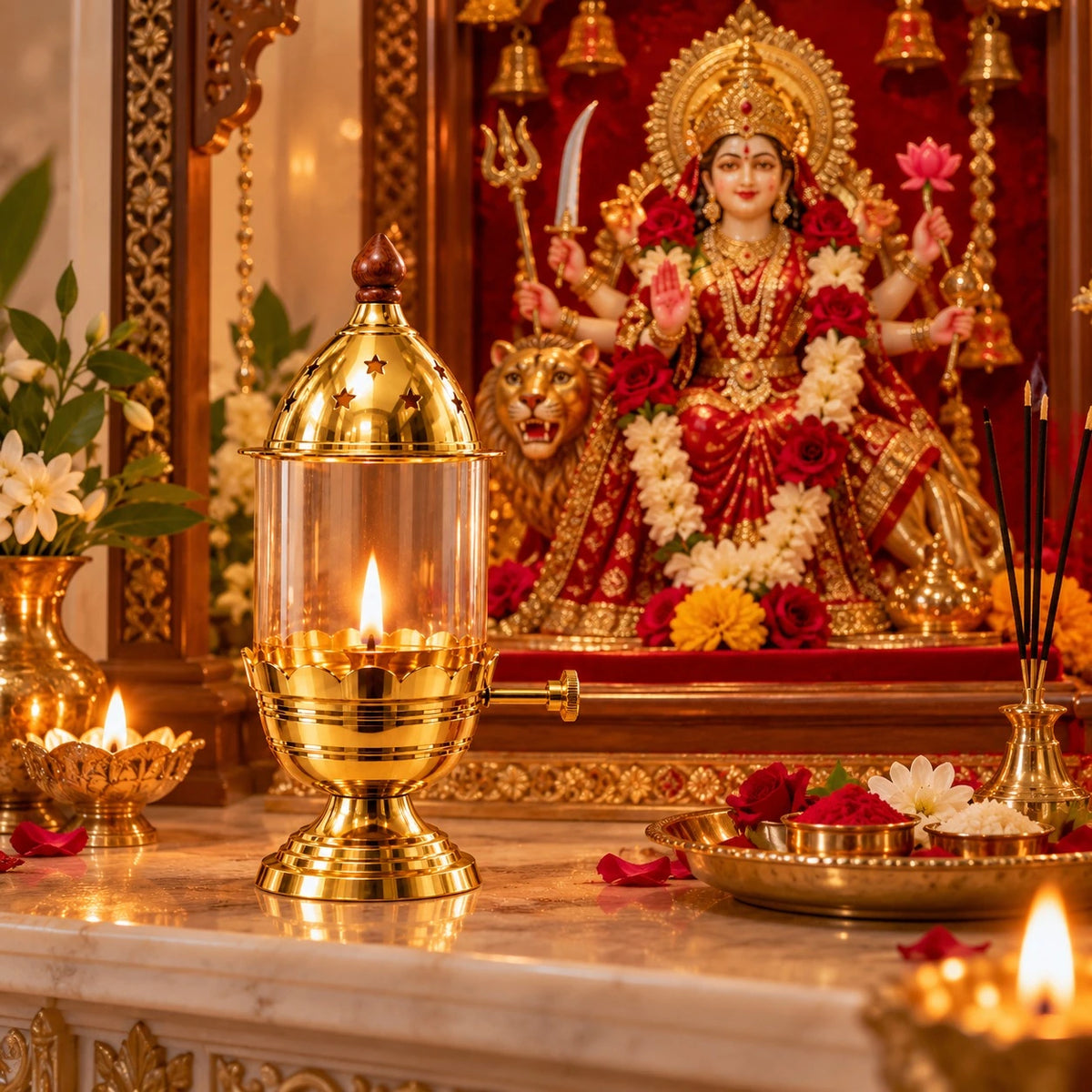A golden brass oil lamp with a lit candle in the foreground on a marble altar, with a decorated Hindu goddess statue in the background surrounded by flowers and incense. Navratri Jyo Akhand Diya