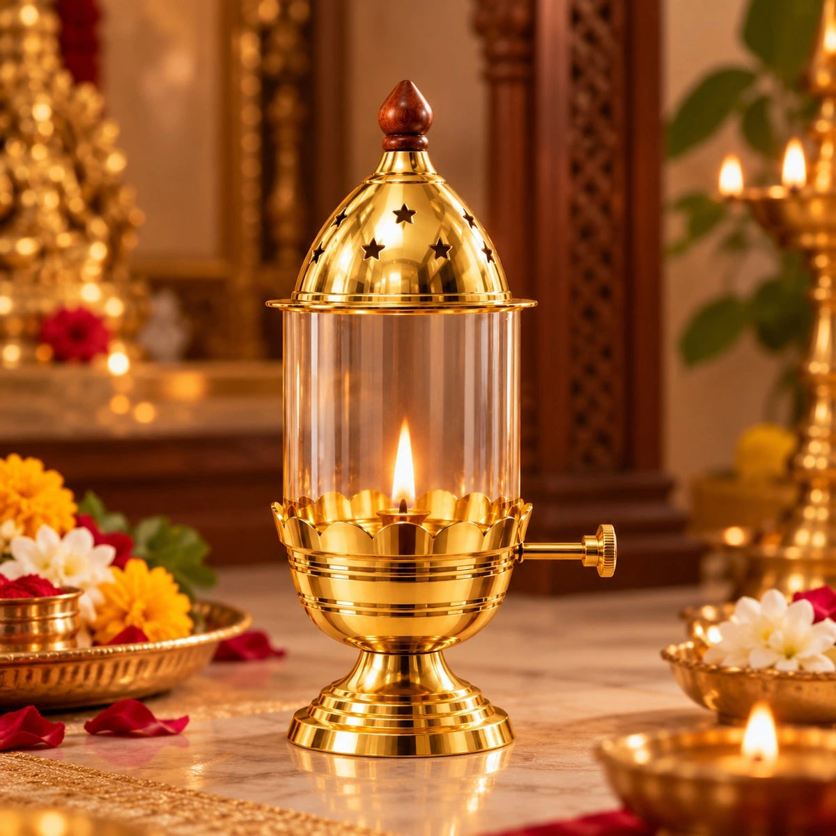 A brass oil lamp with a clear glass body and a lit flame, set on a marble surface in a warm, decorated indoor setting with flowers and other lamps in the background. To lit Akhand Jyot. Akhand Jyot Diya