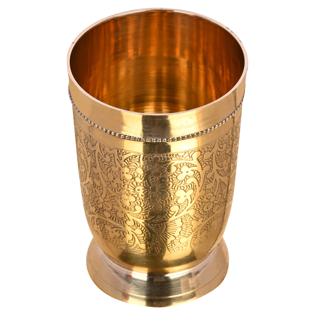 Brass Dinner Thali Set with Brass thali, spoon, katori, halwa plate and glass by bulkysanta.com showing product glass etching design floral design