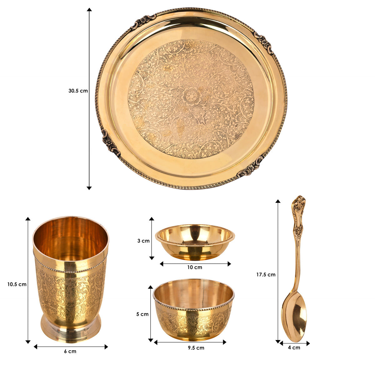 Brass Dinner Thali Set with Brass thali, spoon, katori, halwa plate and glass by bulkysanta.com showing product dimensions