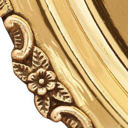 Brass Dinner Thali Set with Brass thali, spoon, katori, halwa plate and glass by bulkysanta.com showing carving on plate