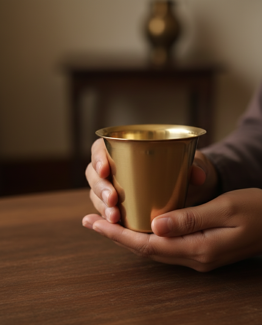 Hands comfortabaly holding Brass Dabara Set, Dabara Coffee Set - a south Indian famous coffee set