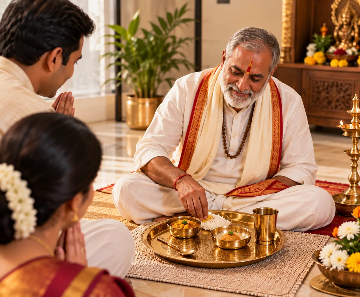 Brass Dinner Thali Set | Brass Thali with 2 Bowls, Halwa Bowl, Glass & Spoon for Dining, Bhog & Pandit Bhoj