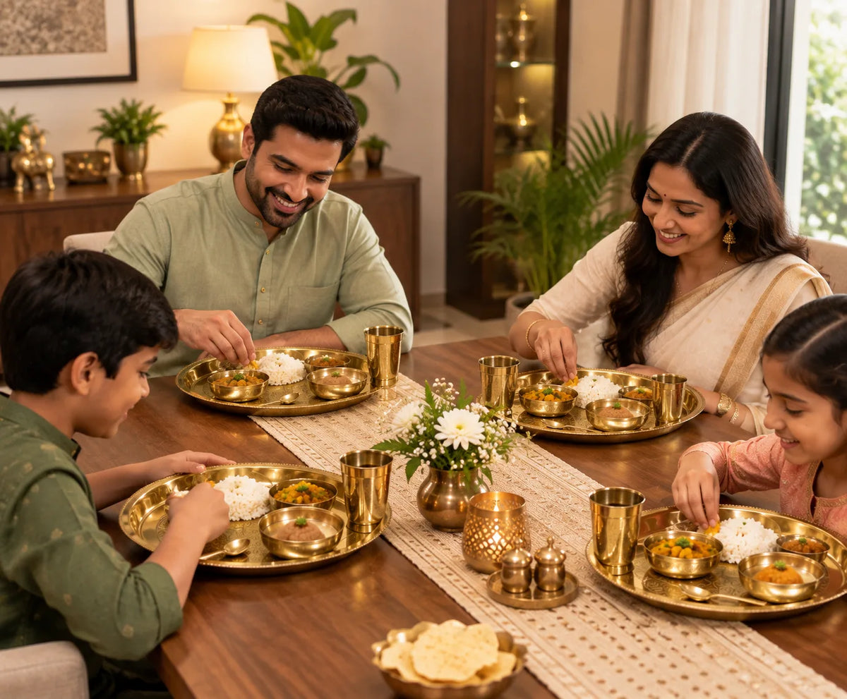 Brass Dinner Thali Set | Brass Thali with 2 Bowls, Halwa Bowl, Glass & Spoon for Dining, Bhog & Pandit Bhoj