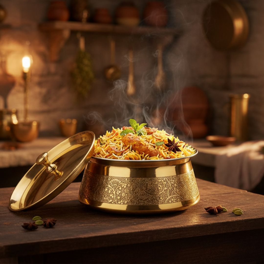 Brass Etching Design Brass Handi, Degchi, Patila (Pital ki handi, Pital ka Patila, Pital ke bartan) filled with hot, steaming Chicken Biryani, garnished with mint. The pot features an ornate floral etched pattern, sitting on a rustic wooden table with its matching brass lid resting beside it in a warmly lit kitchen setting.