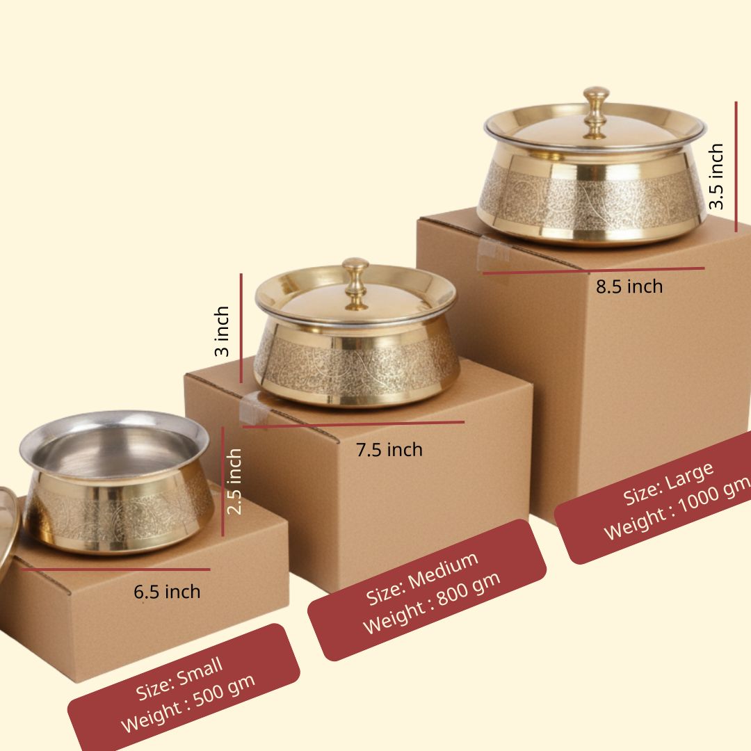Set of etched brass handis with tin-coated kalai interiors in multiple sizes