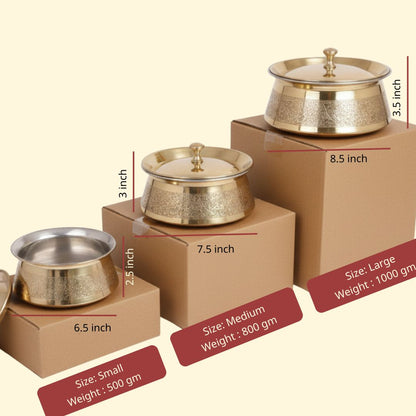 Set of etched brass handis with tin-coated kalai interiors in multiple sizes