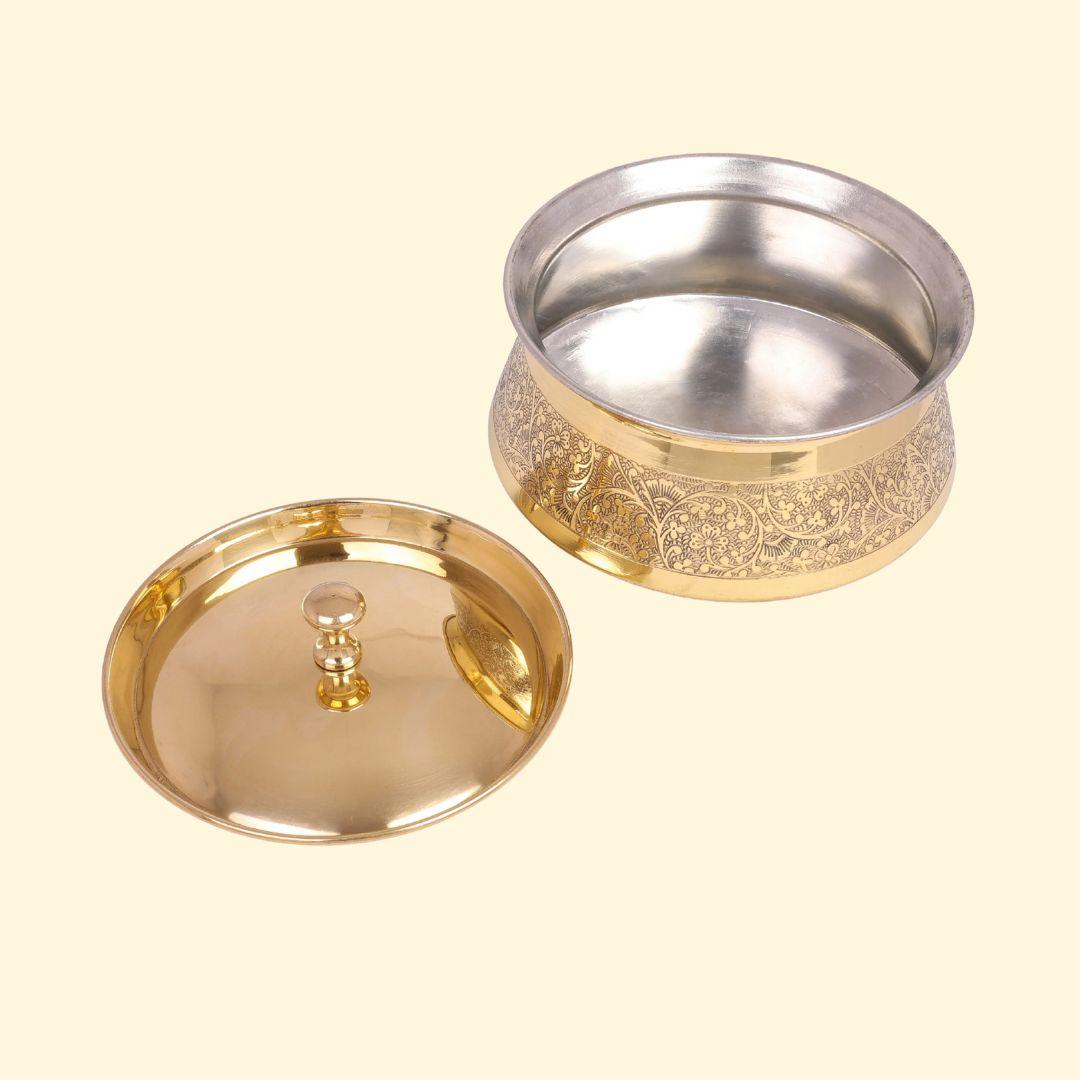 Etching design brass handi with lid – tin-coated kalai interior