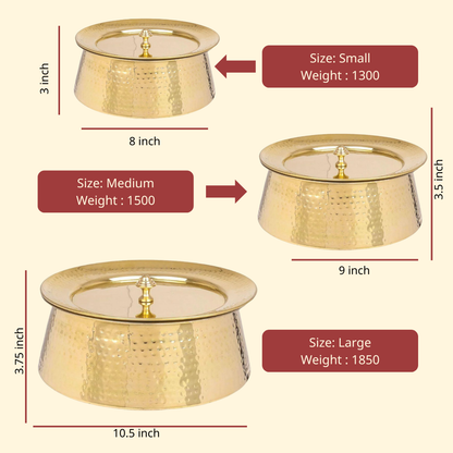 Infographic illustrating a set of three Bulkysanta hammered brass handis (Small, Medium, and Large) with their specific dimensions and weights. The Small handi is 3 inches high and 8 inches wide, weighing 1300 grams. The Medium handi is 3.5 inches high and 9 inches wide, weighing 1500 grams. The Large handi is 3.75 inches high and 10.5 inches wide, weighing 1850 grams.