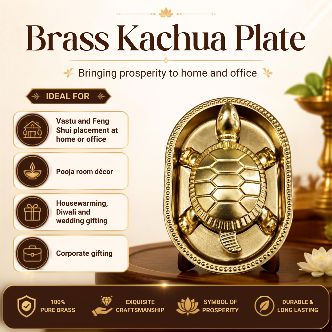 A brass kachua plate shaped like a turtle, shown on a wooden surface with decorative props and promotional text. The plate is made of brass with a golden finish and is presented as a gift-oriented product with benefits listed on the left.