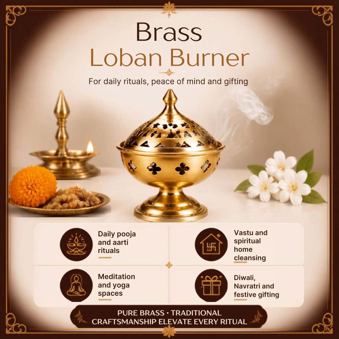 Square product infographic for a brass Loban burner, featuring warm brass tones and benefits for daily pooja and aarti rituals, Vastu home cleansing, meditation spaces, and festive gifting.