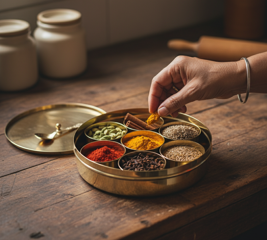 An old lady is picking up the haldi from the brass masala box