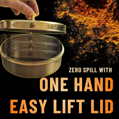 Metal container with an easy lift lid on a dark background with text 'Zero spill with one hand easy lift lid'.