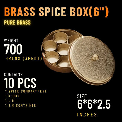 Brass spice box with specifications on a black background