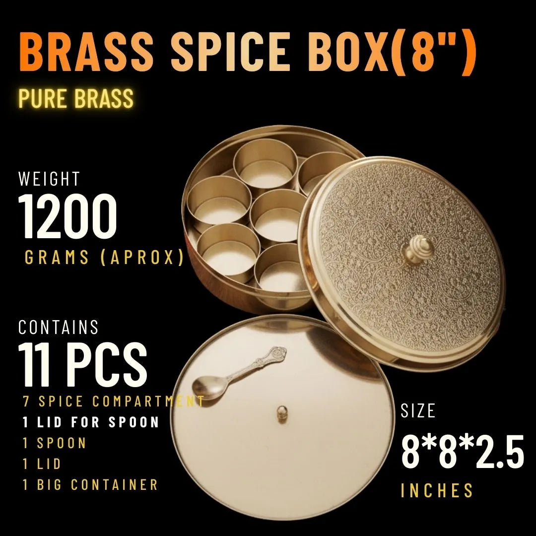 Brass spice box with specifications on a black background