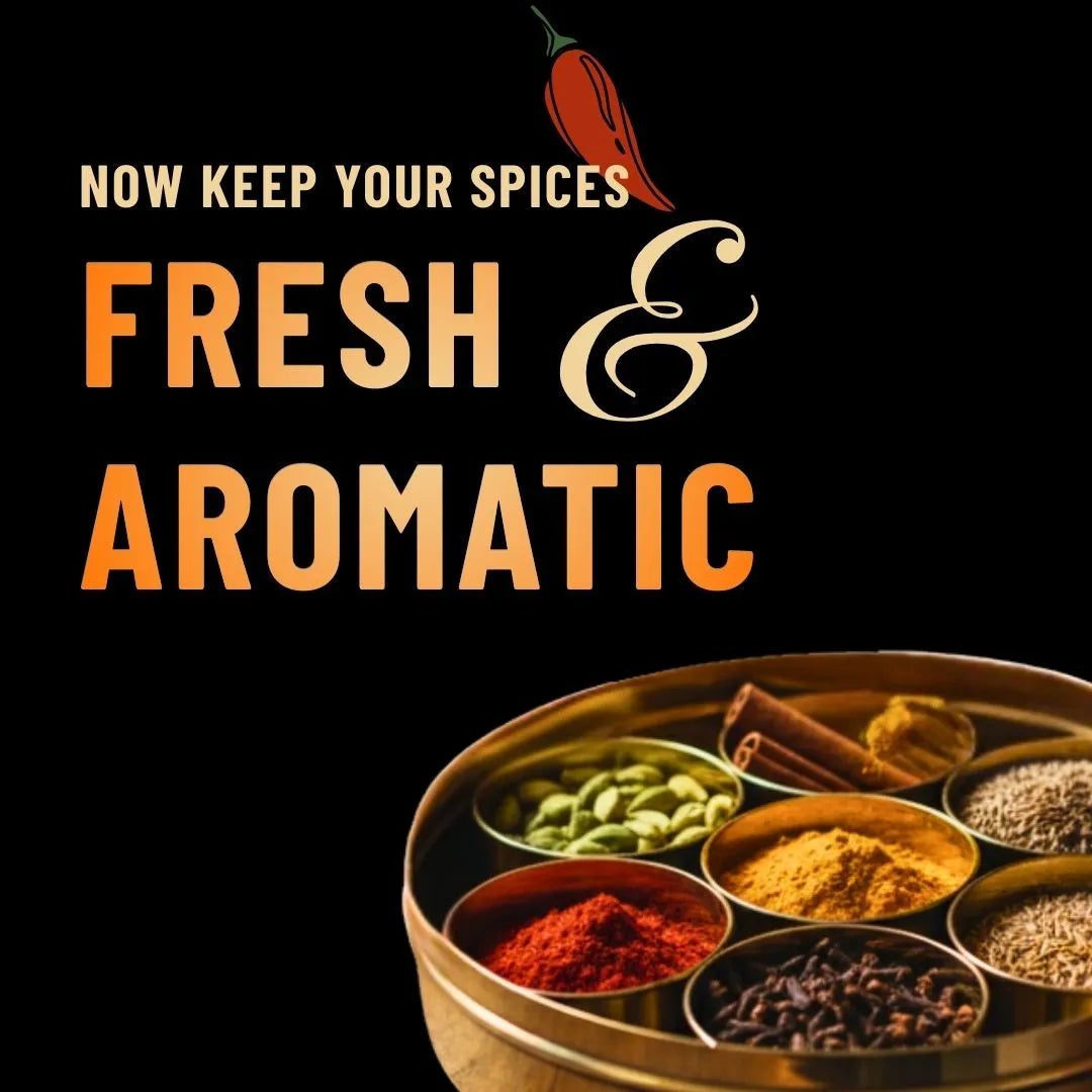 Spices in a tin with text 'Now keep your spices fresh & aromatic' on a black background