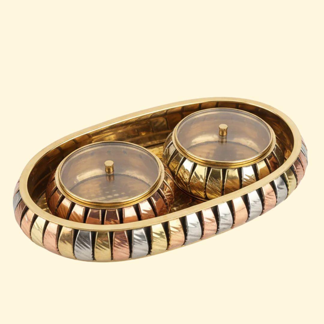 Brass Mukhwas Set - A multipurpose serving tray set - 2 Compartment with a tray