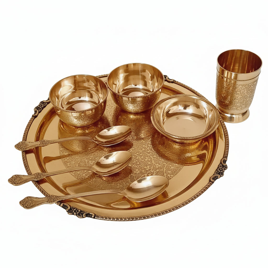 Brass Dinner Thali Set with Brass thali, spoon, katori, halwa plate and glass by bulkysanta.com 