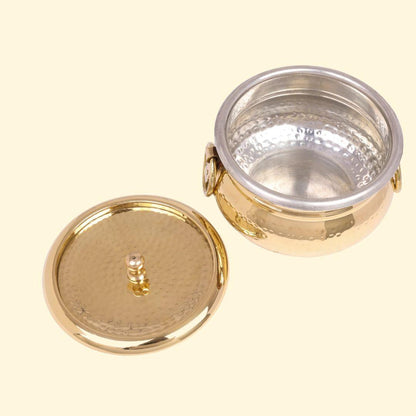 Classic Pot Style Brass Handi, Degchi, Patila (Pital ki handi, Pital ka Patila, Pital ke bartan) with the hammered brass lid completely removed and placed beside the pot. This clear view emphasizes the silver-colored inner lining of the brass vessel, which has a smooth and durable finish.