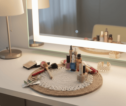 Woven round mat used as a makeup organizer on a vanity table for round table
mats.