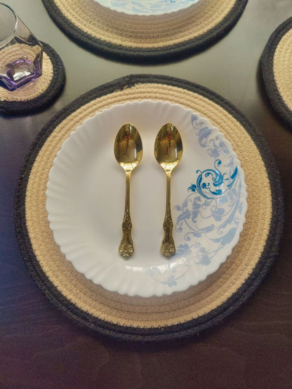 Handcrafted spiral mat used beneath cutlery and plates, perfect for shoppers
looking to buy round placemats. Eco-Friendly & Washable: Made from biodegradable material, these cotton placemats for dining table set of 6 are safe for the environment and easy to clean—ideal for long-term, conscious living.
