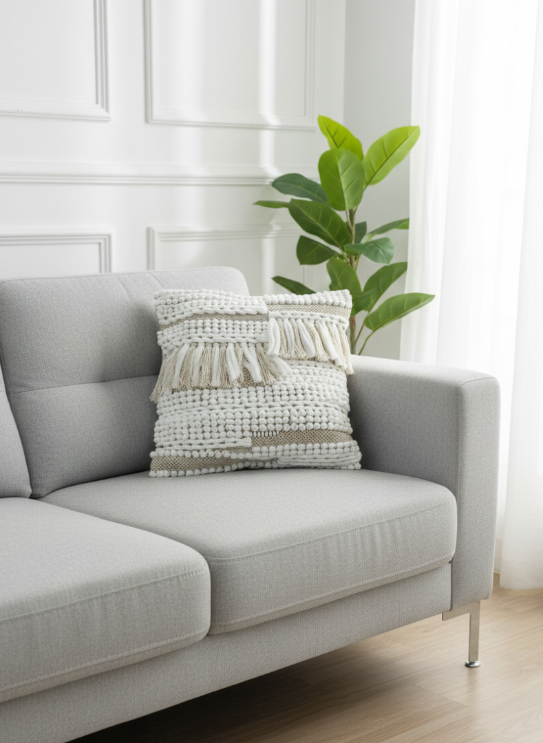 White knotted cotton cushion cover placed on a light grey sofa near a plant.
