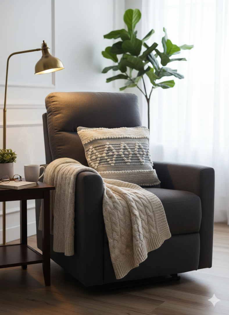 Dark armchair paired with a diamond white knitted cotton cushion cover and a cozy throw.