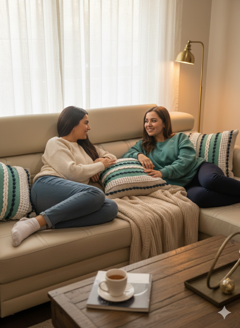 Striped cotton cushion covers placed beside two people relaxing on a beige sofa.