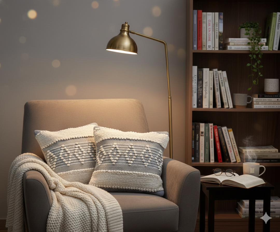 Grey lounge chair decorated with two patterned cotton cushion covers.