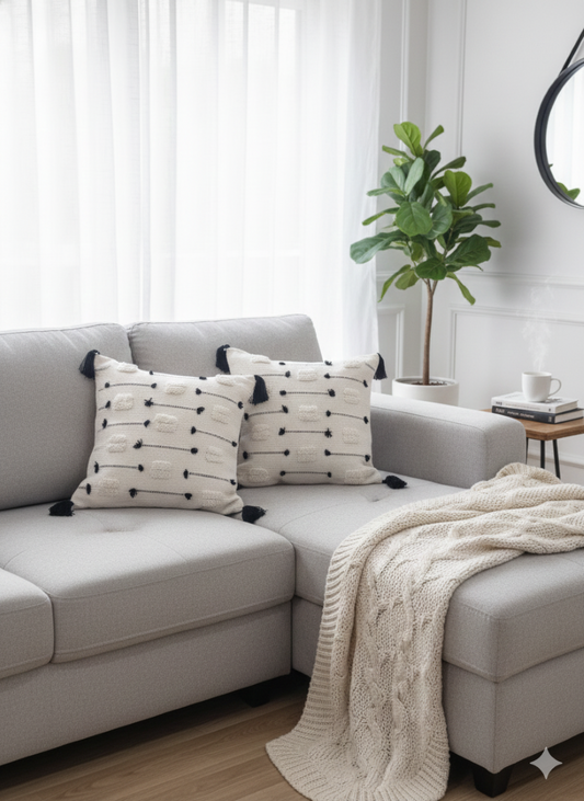 Cream tufted premium cotton cushion covers with black dotted accents arranged on a grey sectional sofa.