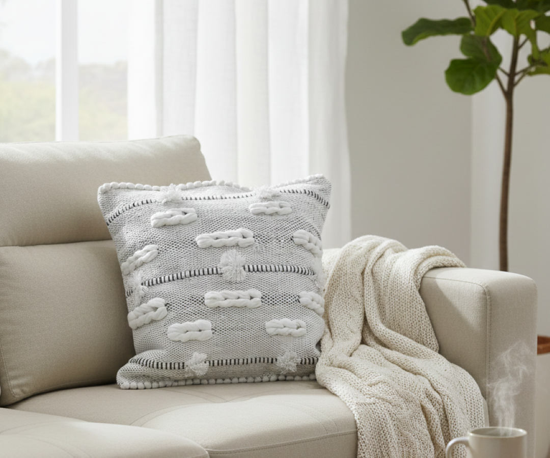 Light-grey woven stylish cotton cushion cover resting on a sofa beside a soft throw
blanket.