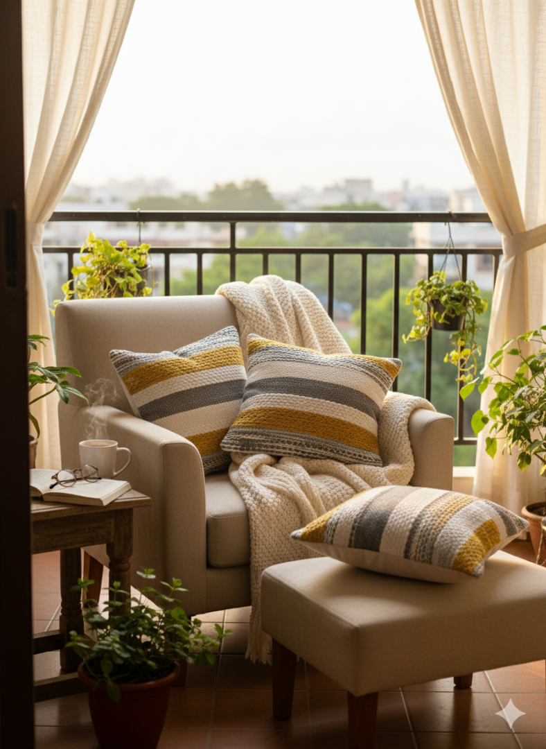 Neutral striped cotton cushion covers styled on a balcony chair with plants.