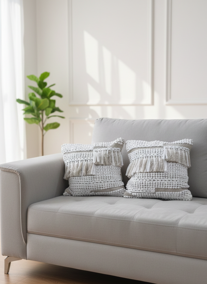 Three beige macramé cotton cushion covers arranged on a grey sofa.