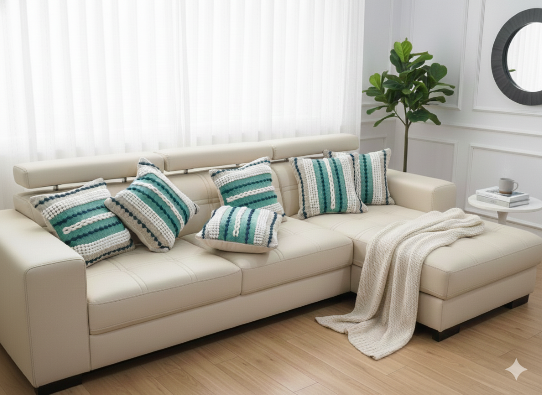 Set of striped premium cotton cushion covers arranged on a beige sofa.