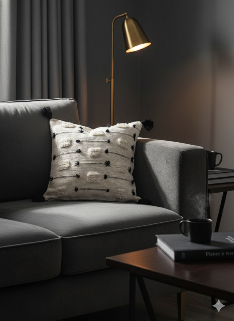 Cream dotted cotton cushion cover placed on a dark sofa under a reading lamp.